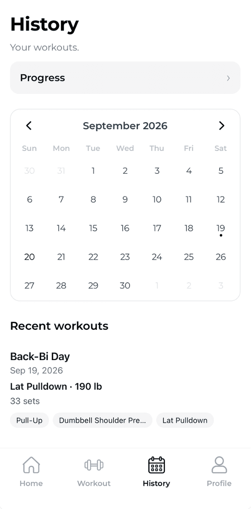 SaySet workout history calendar and recent sessions