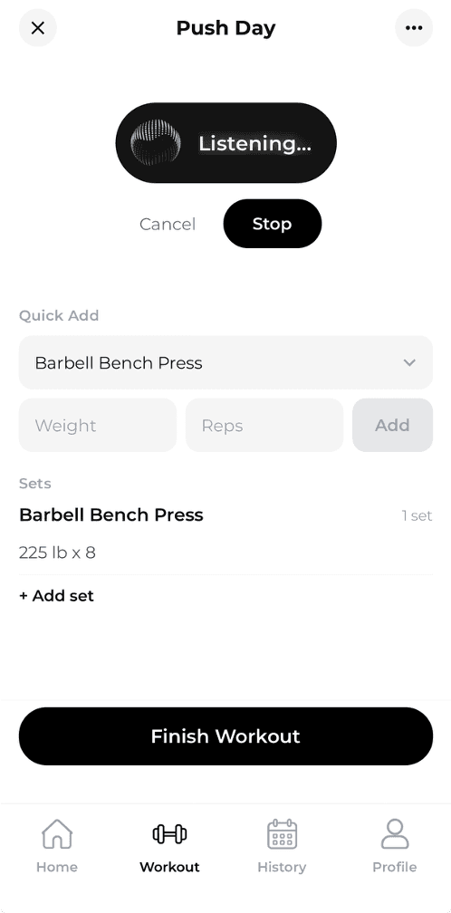 SaySet workout screen listening during a Push Day session