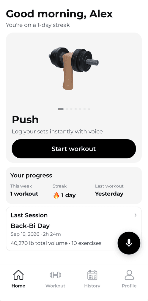 SaySet home screen showing today's workout