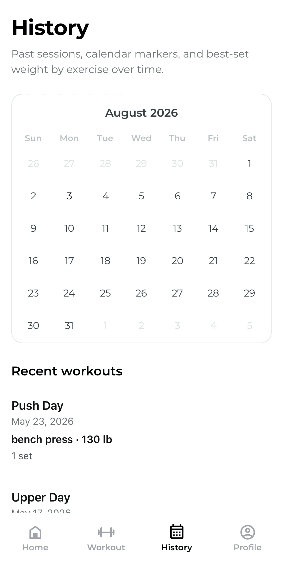 SaySet workout history screen