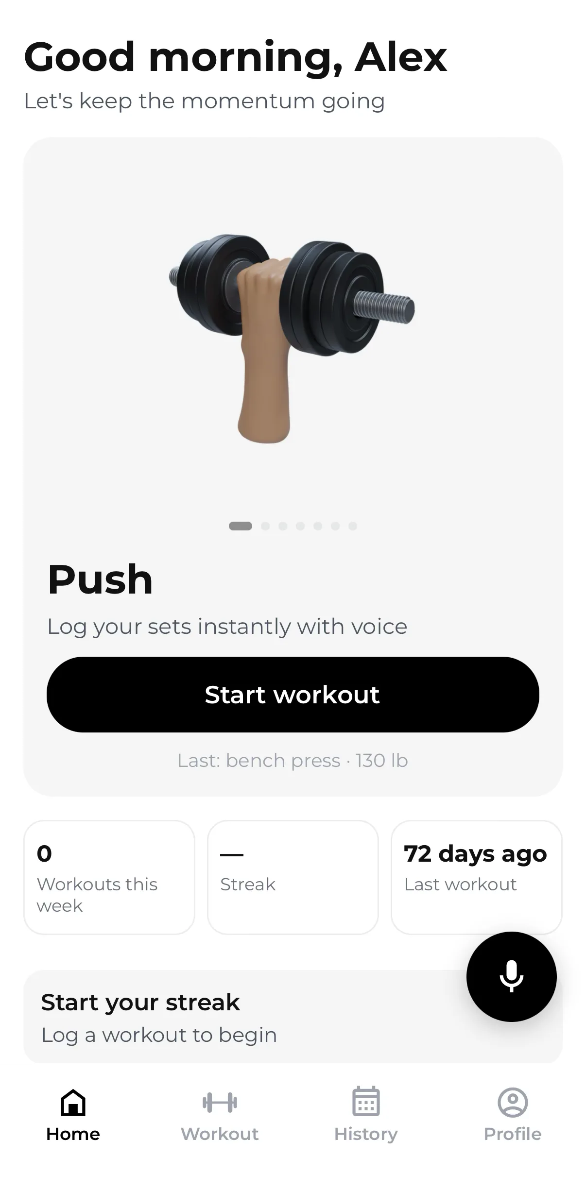 SaySet home screen showing today's workout
